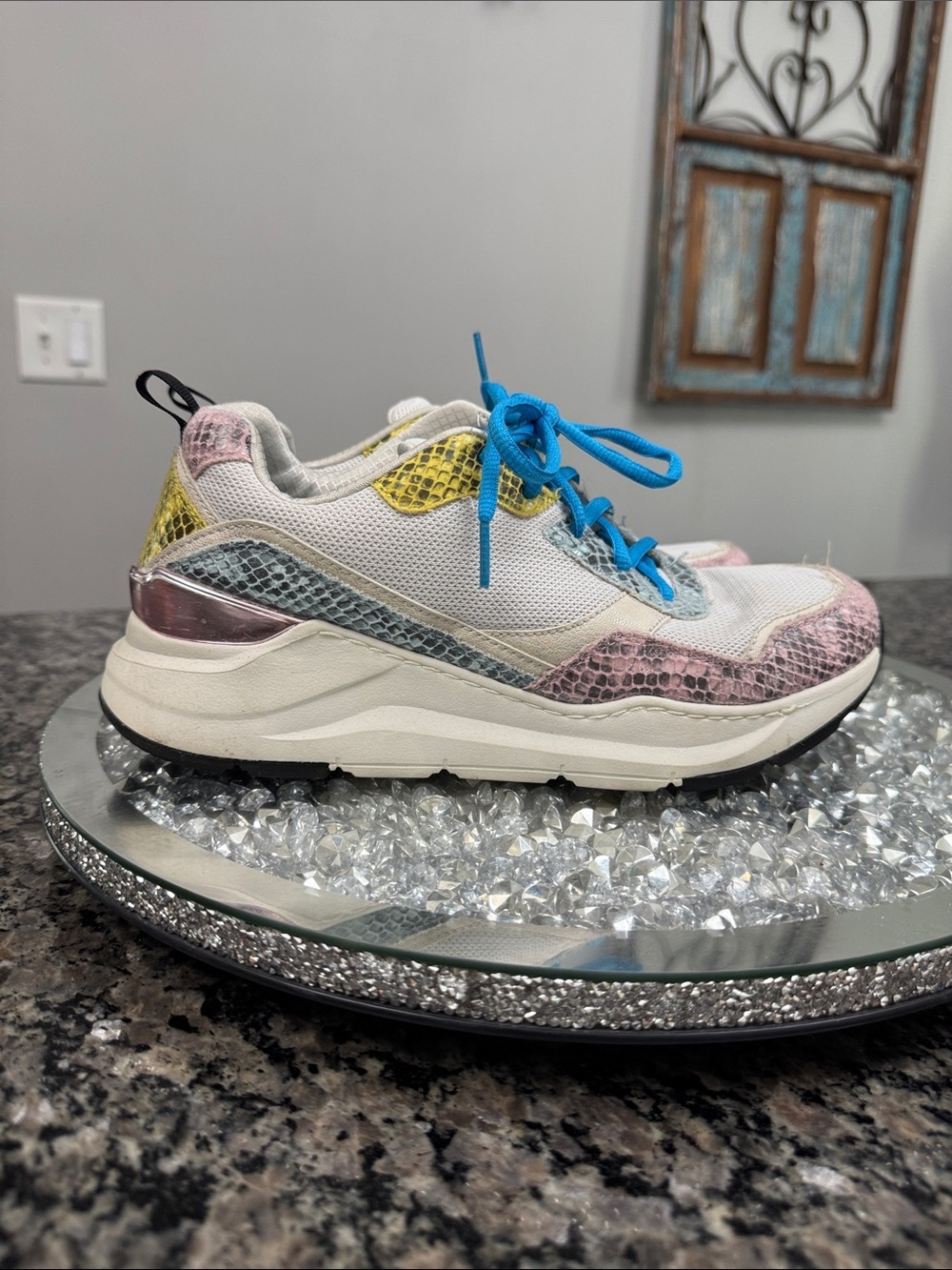 Skechers Women’s White Sneaker with faux snakeskin Pink, Yellow & Blue Accents